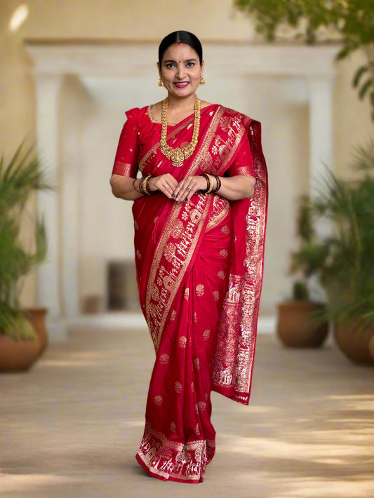 Banarasi Viscose Saree (Floral Motifs Body, Warli Art Border)