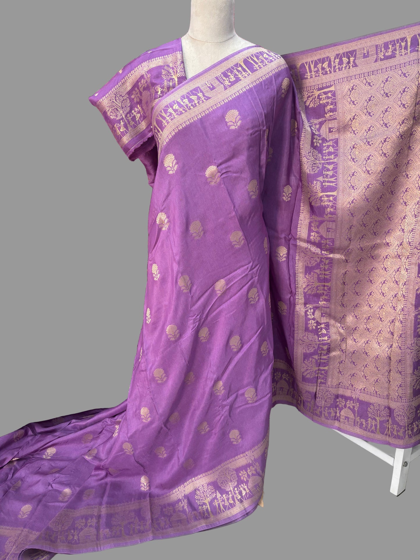 Banarasi Viscose Saree (Floral Motifs Body, Warli Art Border)