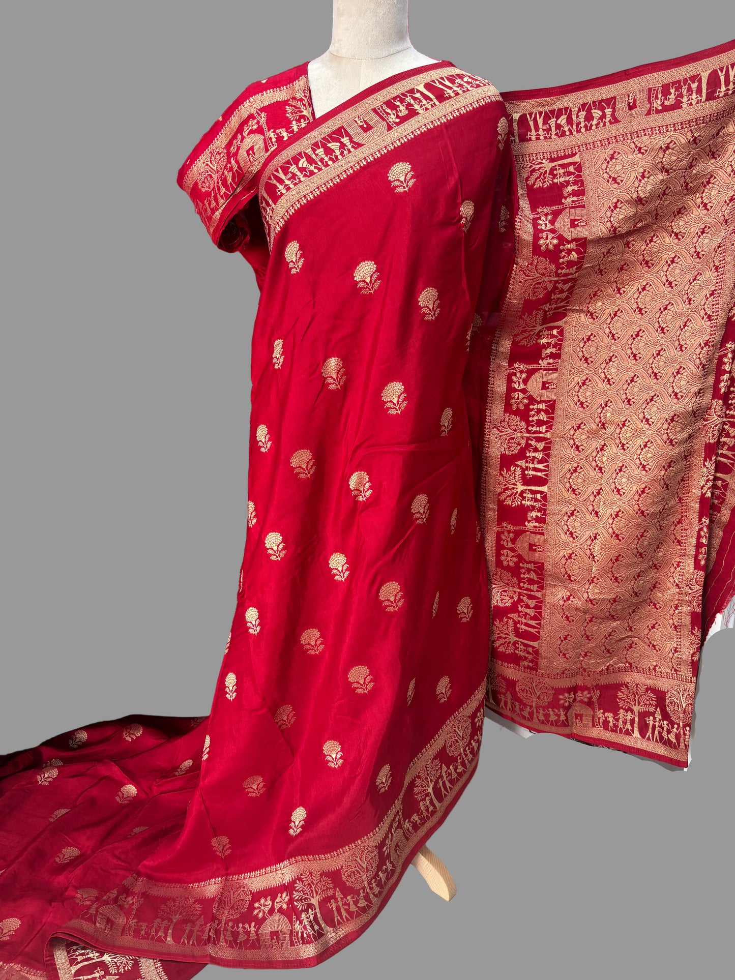 Banarasi Viscose Saree (Floral Motifs Body, Warli Art Border)