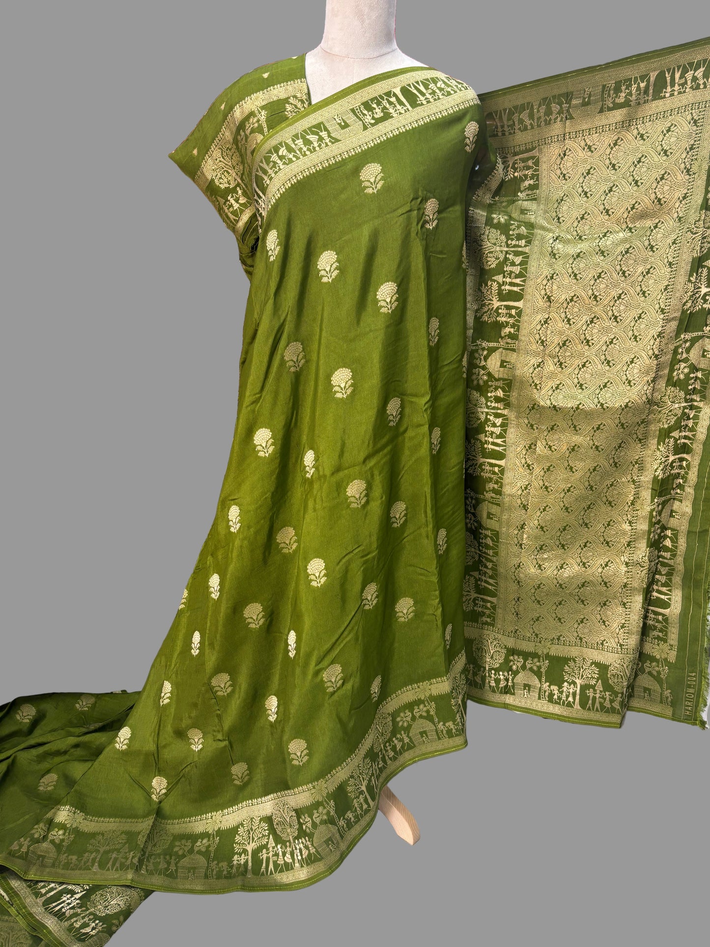 Banarasi Viscose Saree (Floral Motifs Body, Warli Art Border)