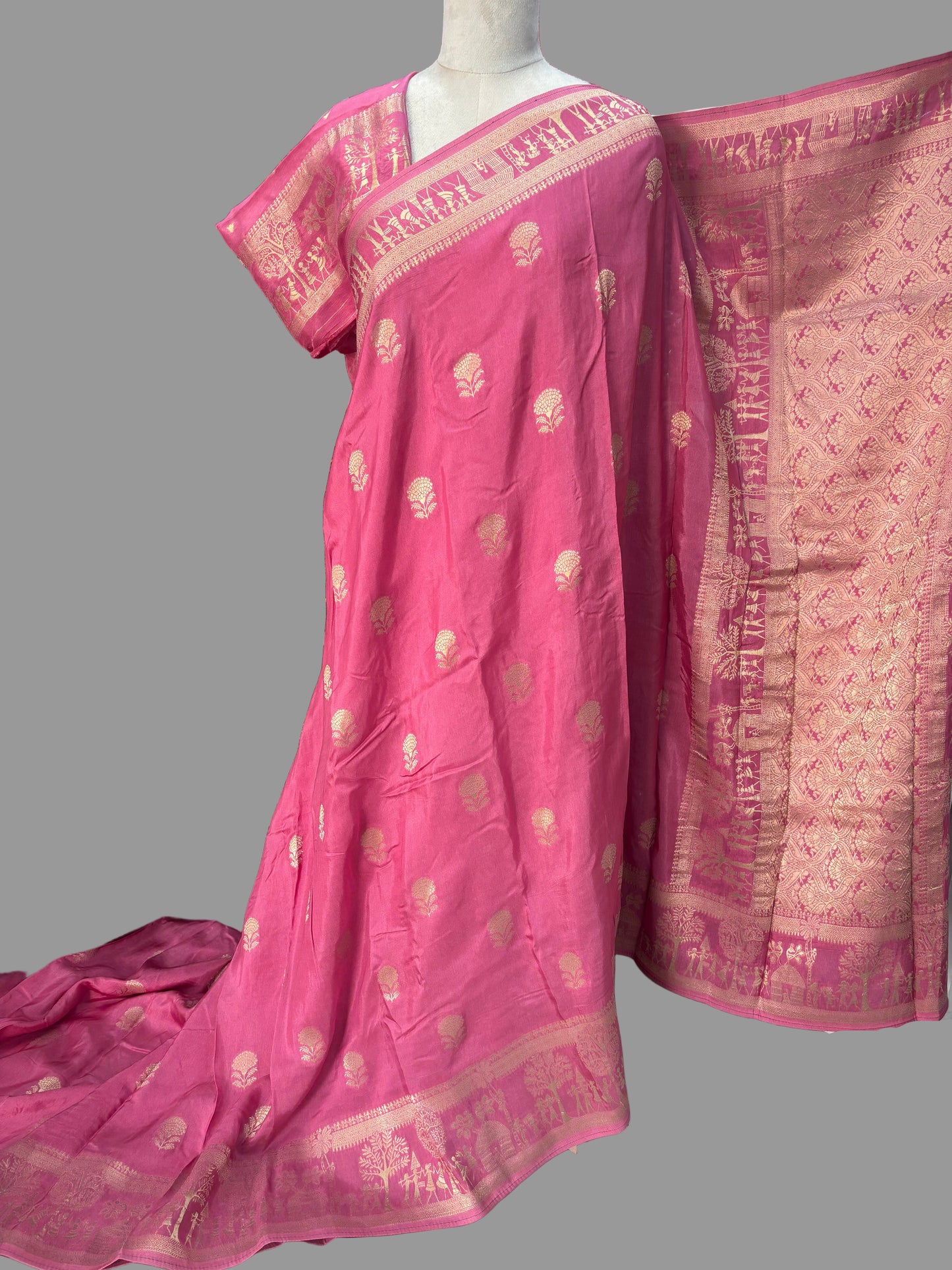 Banarasi Viscose Saree (Floral Motifs Body, Warli Art Border)