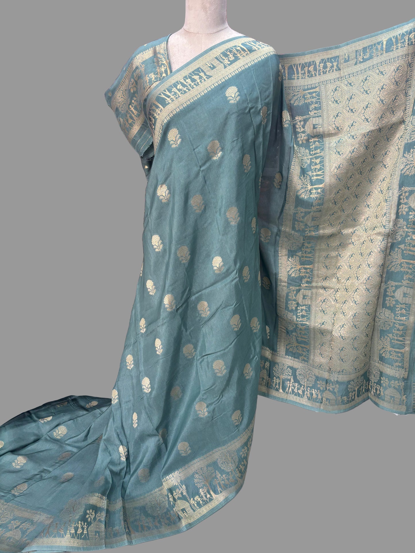 Banarasi Viscose Saree (Floral Motifs Body, Warli Art Border)