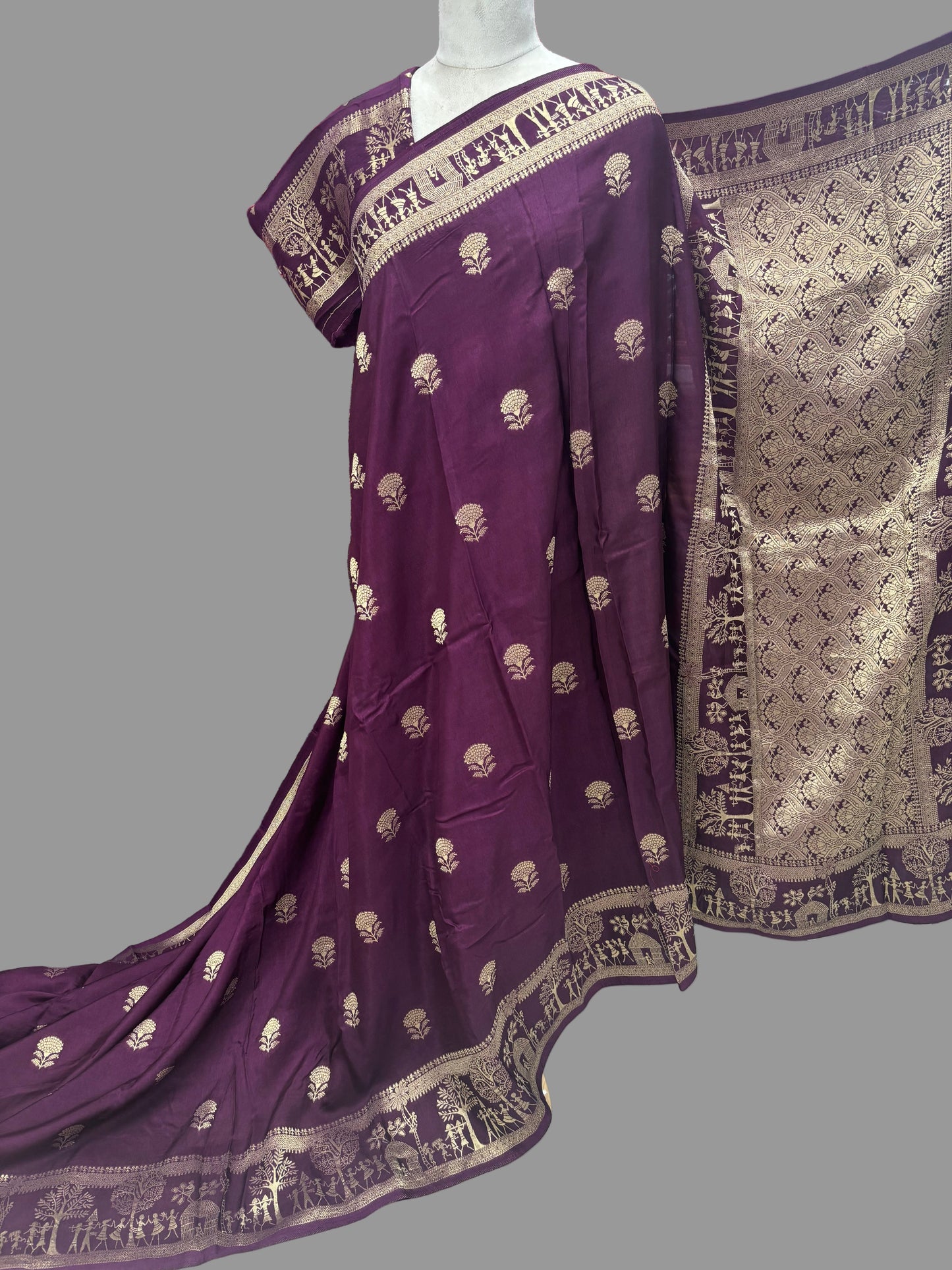 Banarasi Viscose Saree (Floral Motifs Body, Warli Art Border)