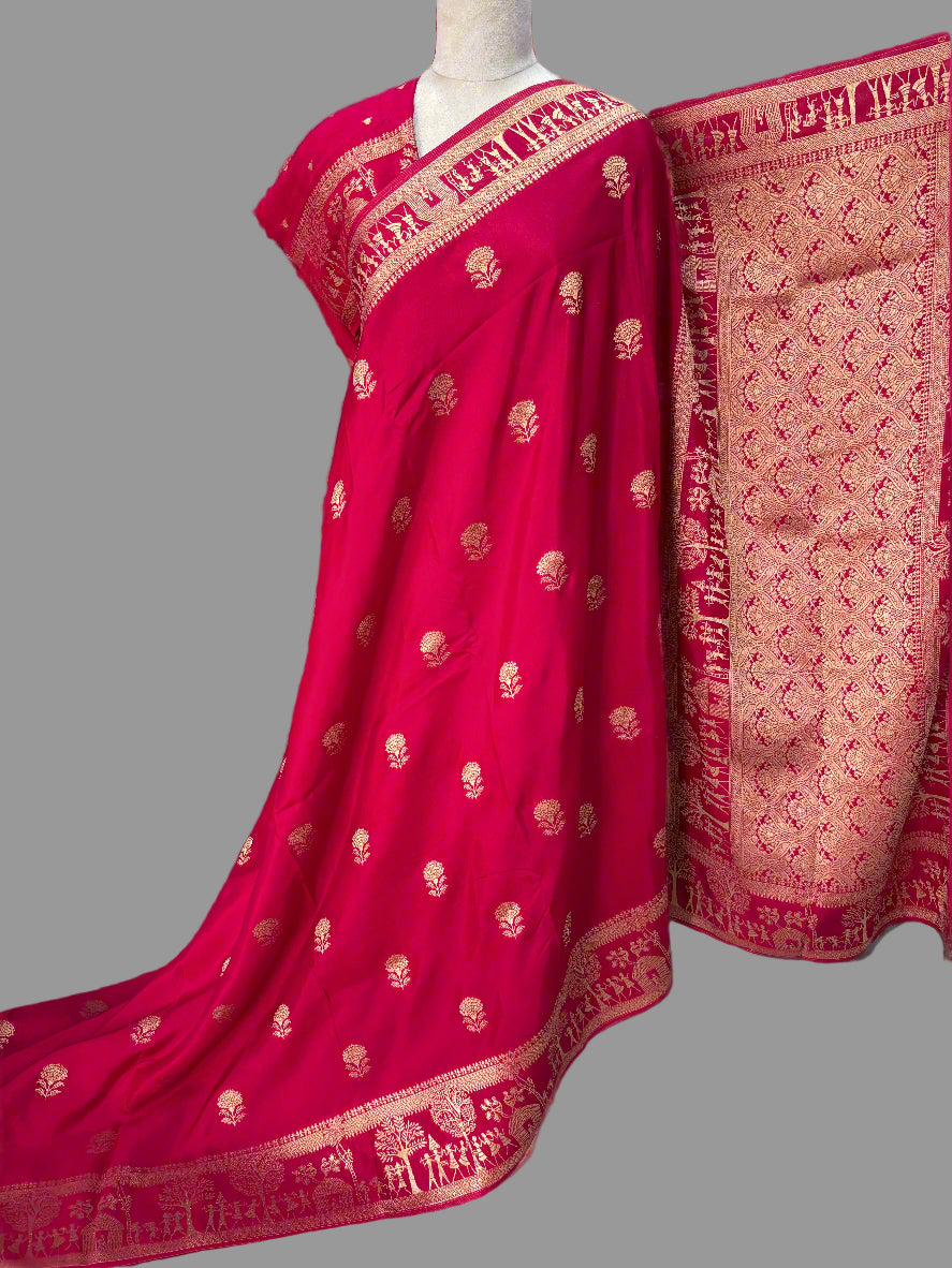 Banarasi Viscose Saree (Floral Motifs Body, Warli Art Border)