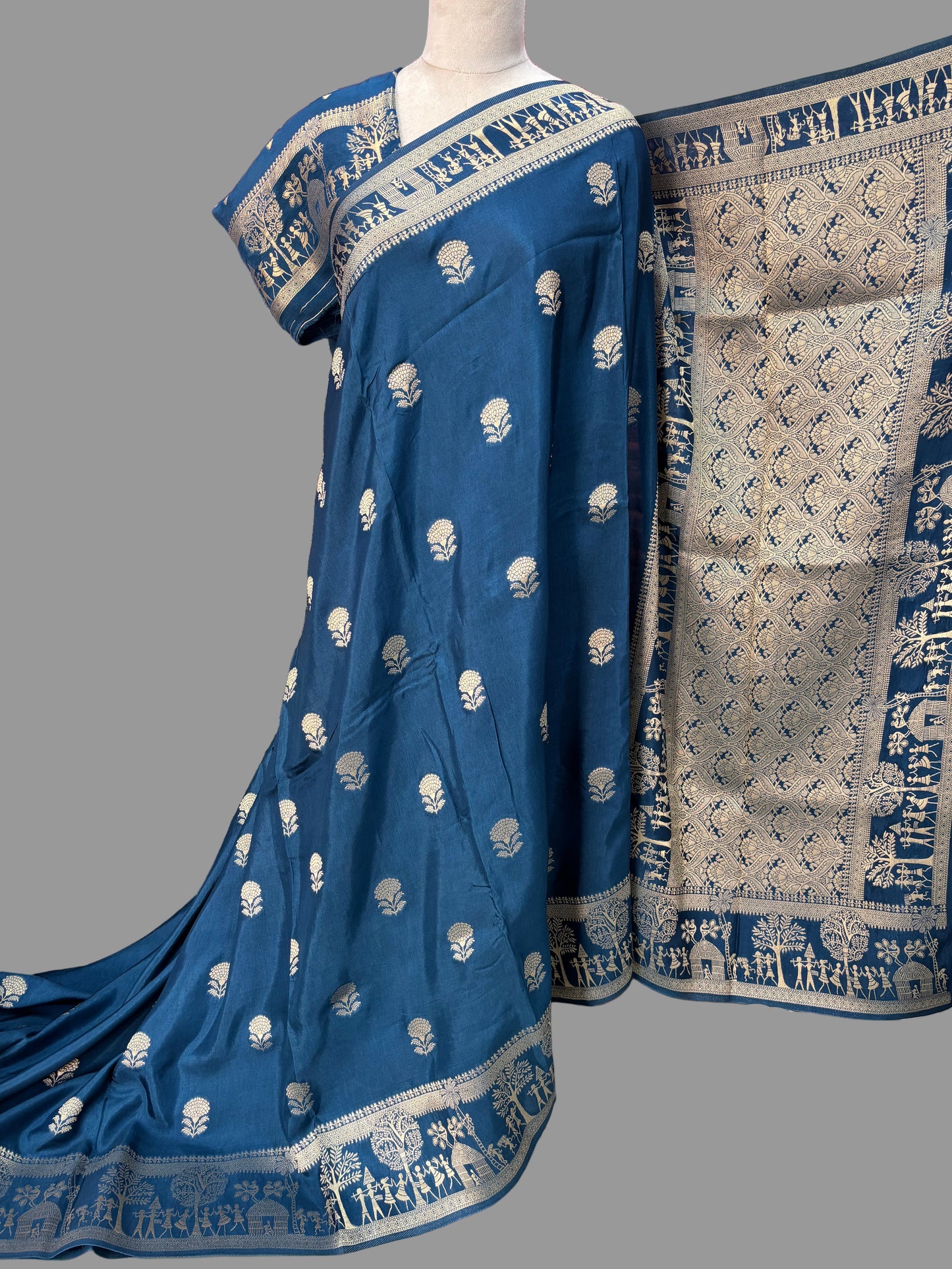 Banarasi Viscose Saree (Floral Motifs Body, Warli Art Border)