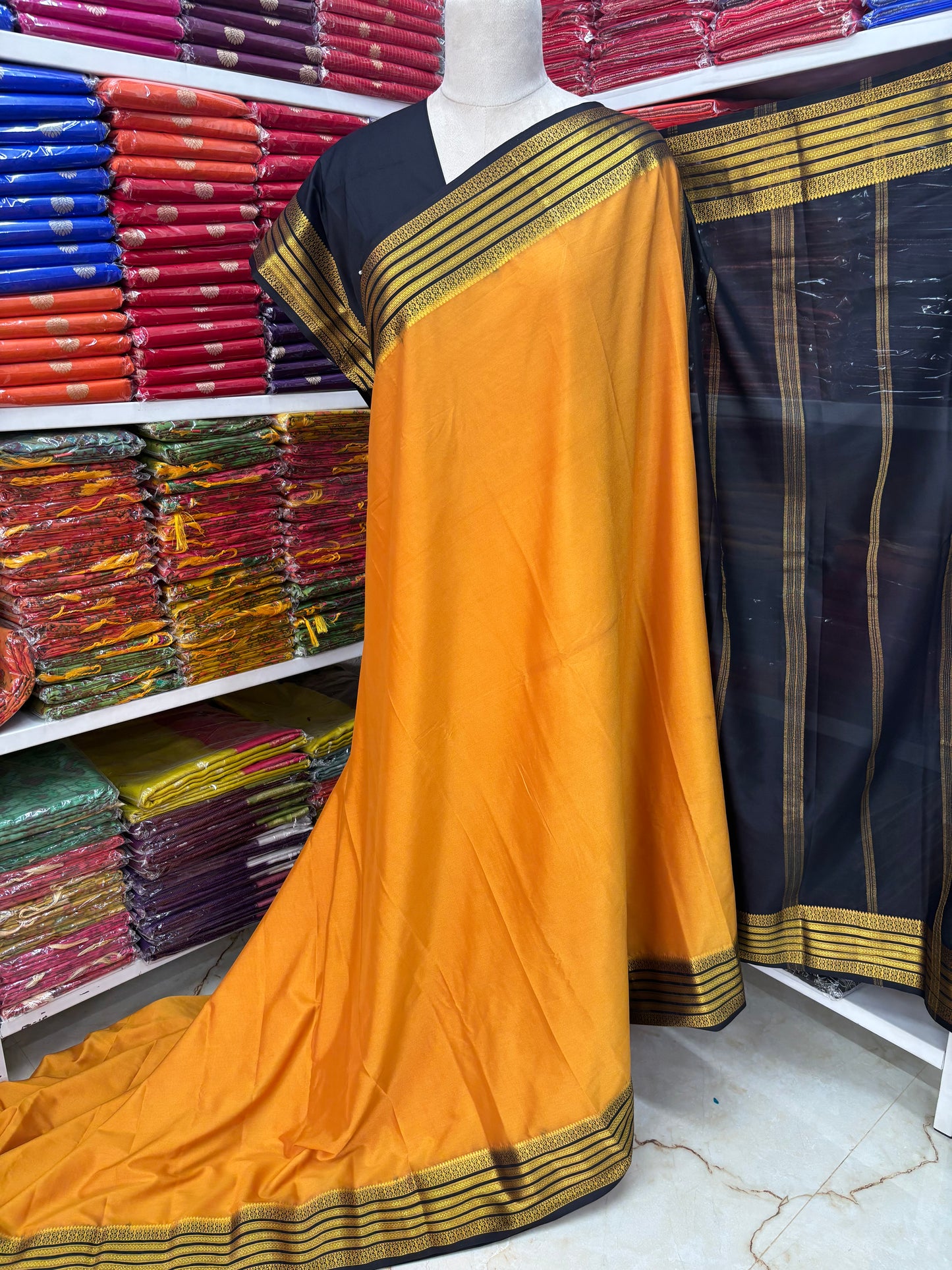 Semi Mysore Crepe ( Horizontal Gloden Stripes Border )