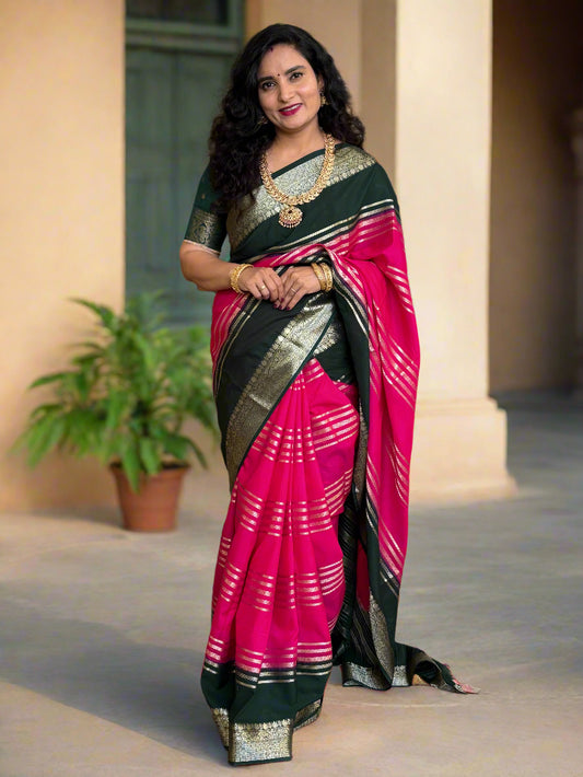 Semi Mysore Crepe (2D Premium, Horizontal Lines and Medium Sized Border)