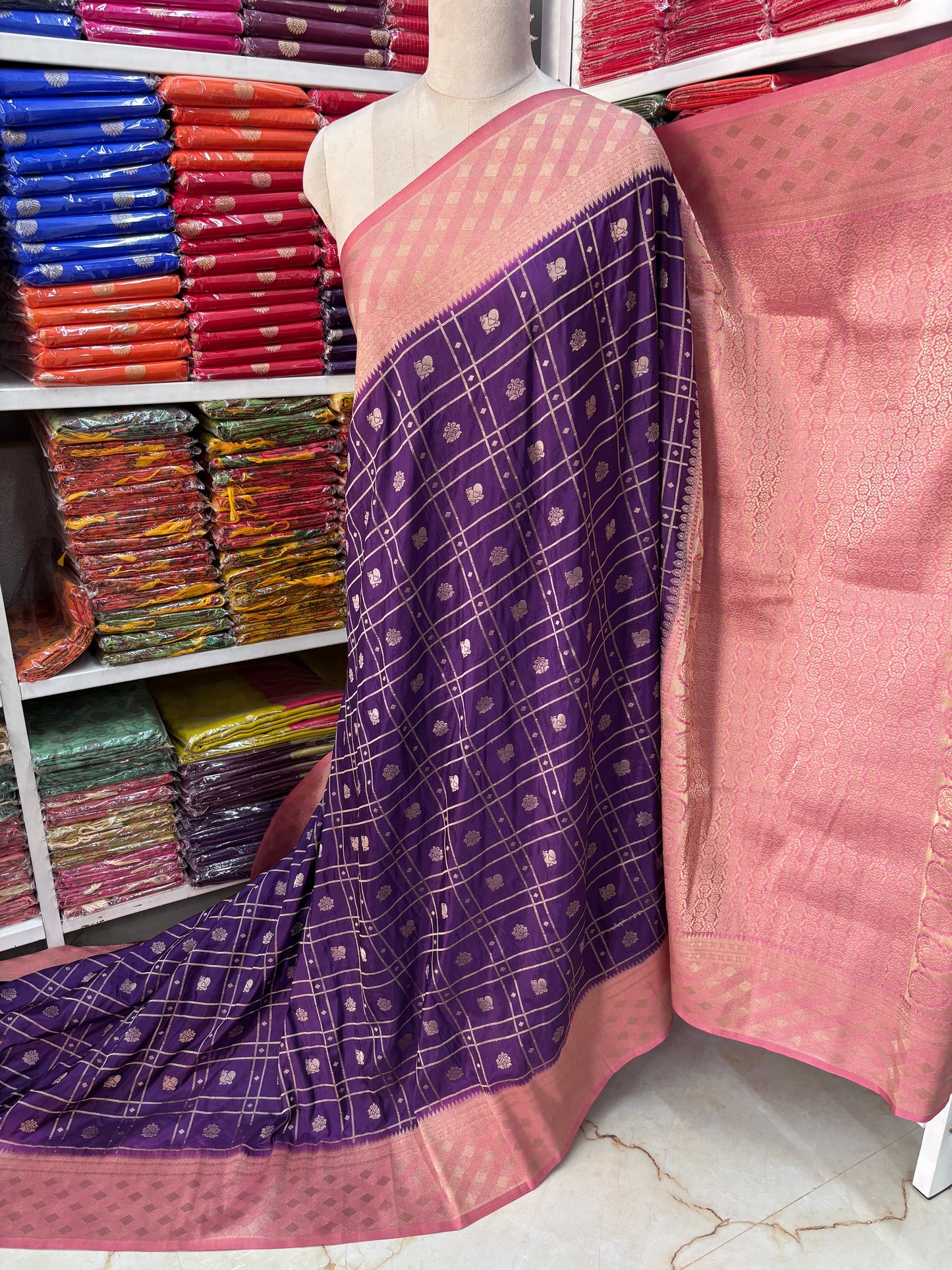 Semi Mysore Crepe (Checks, Motifs, Rich Pallu)