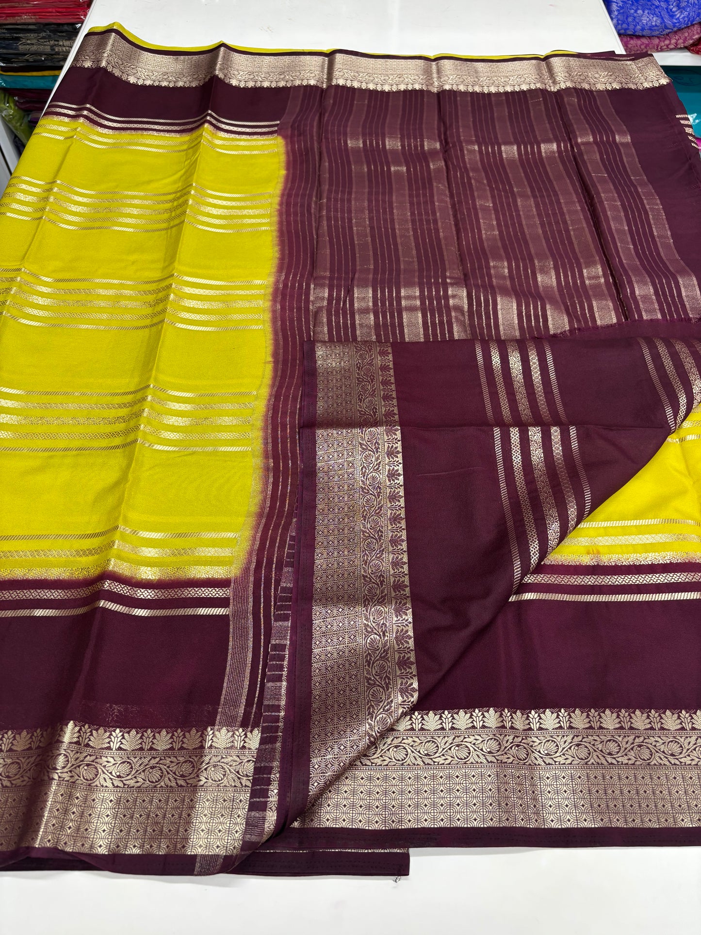 Semi Mysore Crepe (2D Premium, Horizontal Lines and Medium Sized Border)
