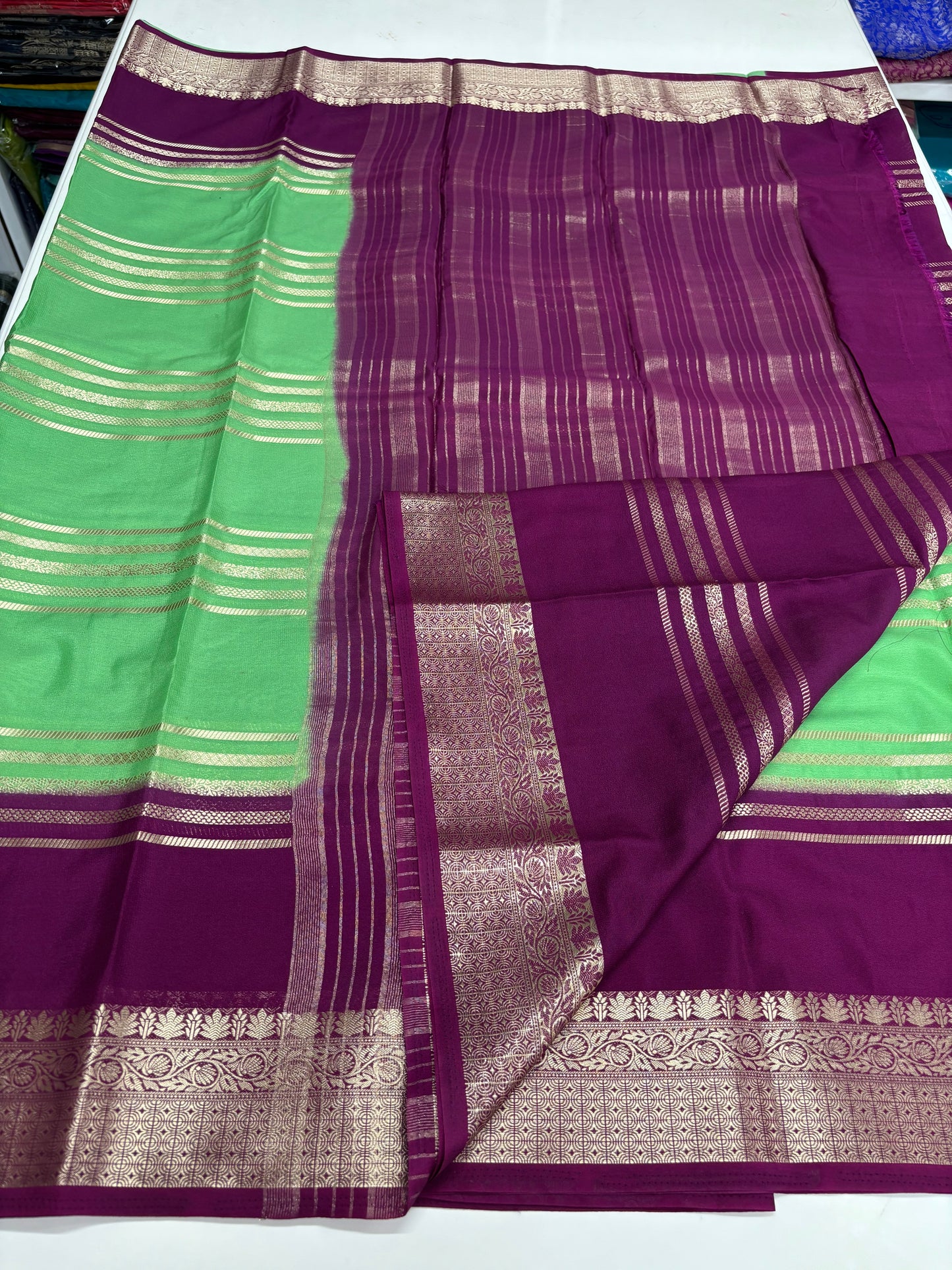 Semi Mysore Crepe (2D Premium, Horizontal Lines and Medium Sized Border)