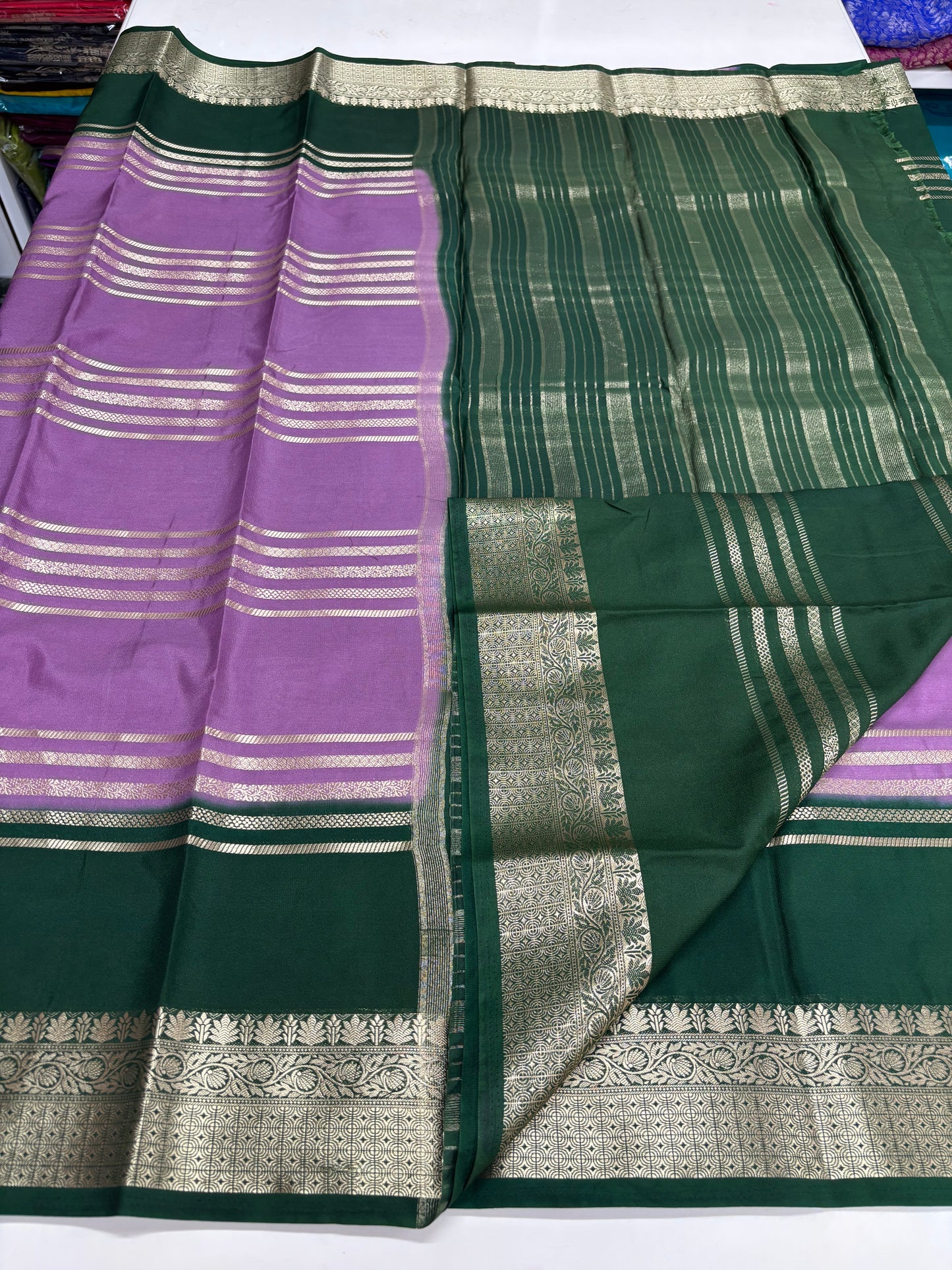 Semi Mysore Crepe (2D Premium, Horizontal Lines and Medium Sized Border)