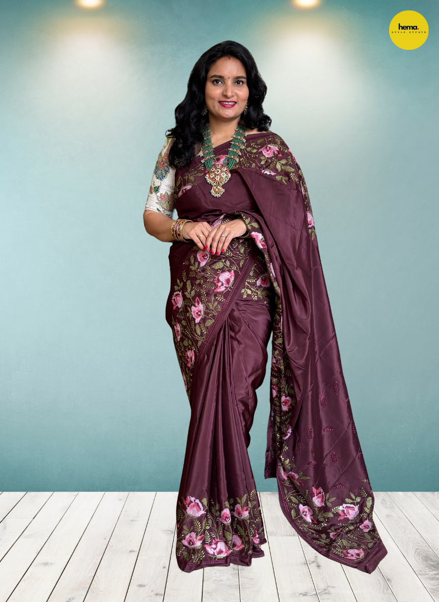 Natural Crepe Saree (Floral Embroidery)