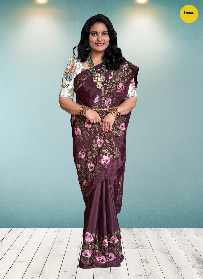 Natural Crepe Saree (Floral Embroidery)