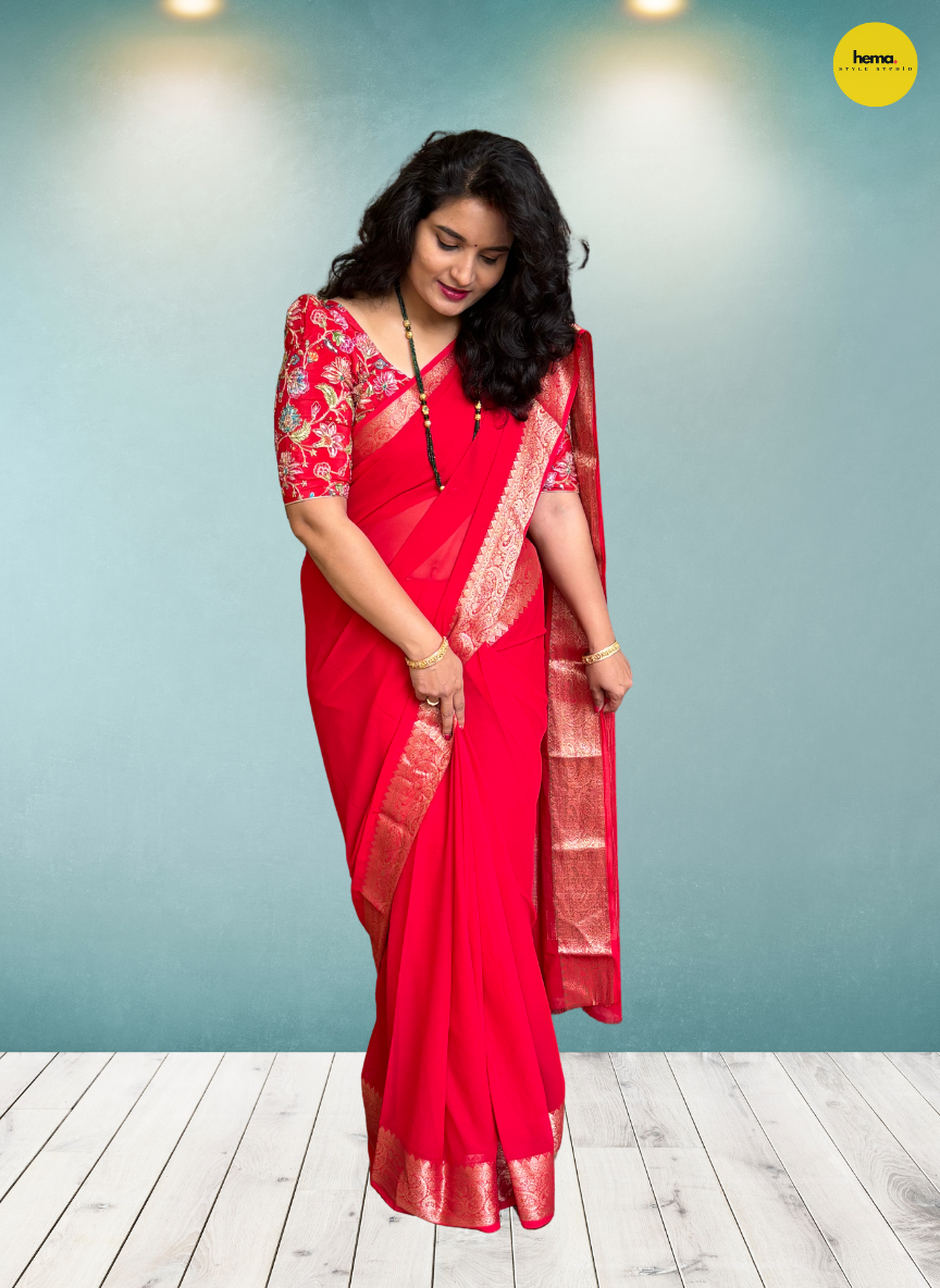 Georgette Chiffon (Self, Mango Border)