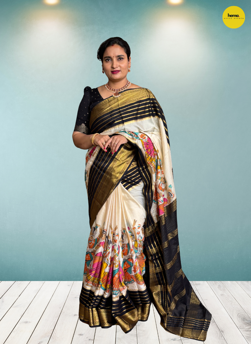 Semi Mysore Crepe (2D, Dancing Doll Kalamkari Print)