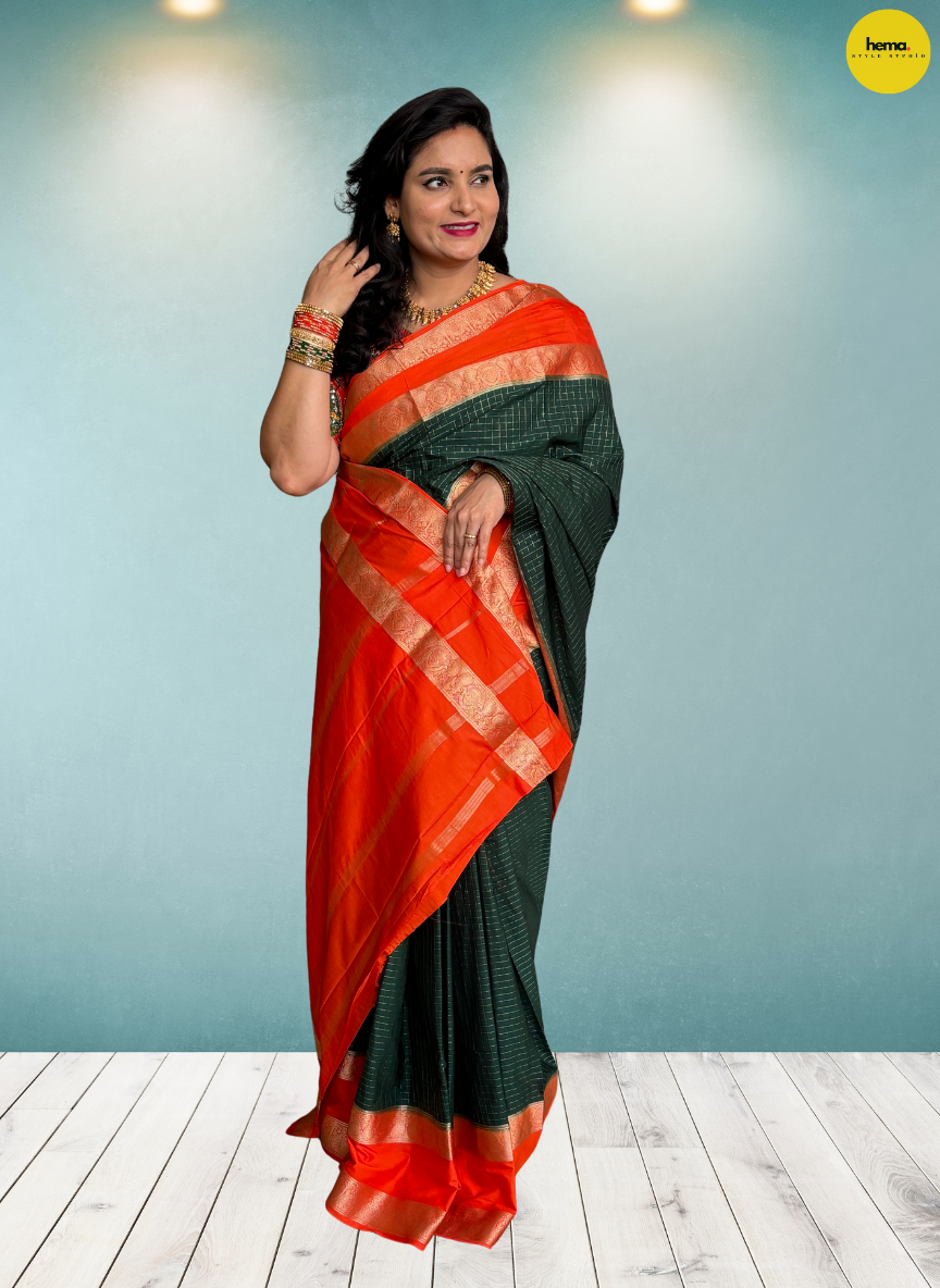 Semi Mysore Crepe (Checks, Mango and Mayuri Bentex Border)