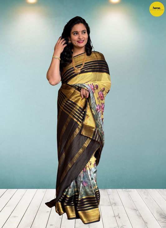 Semi Mysore Crepe (Kalamkari Design & Rudrakshi Border)