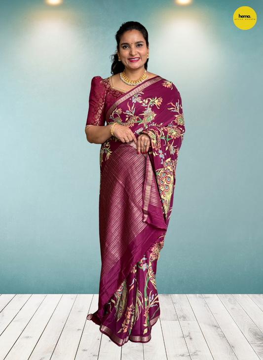 Semi Mysore Crepe (Small Border Kalamkari Print)