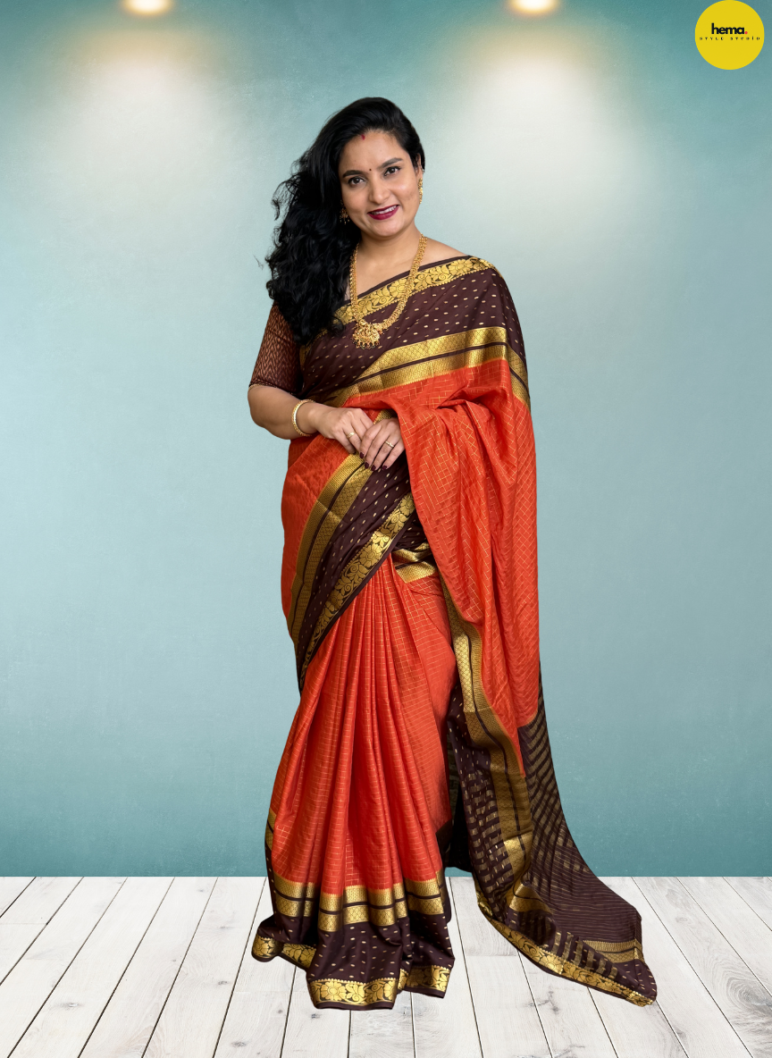 Semi Mysore Crepe (Checks and Big Rain Drops Border)