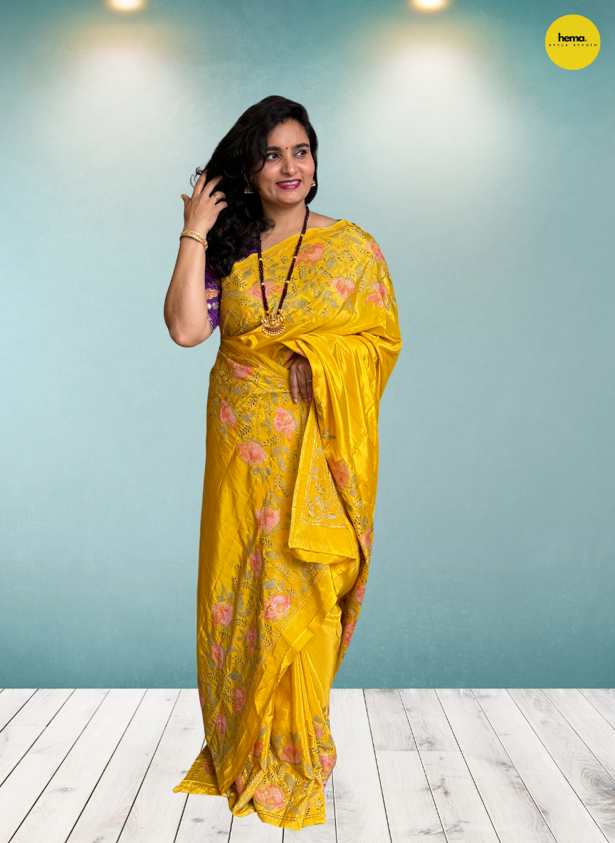 Natural Crepe Saree (Floral Embroidery)
