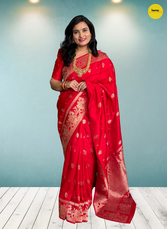 Banarasi Viscose Saree (Floral Motifs, Elephant Border)