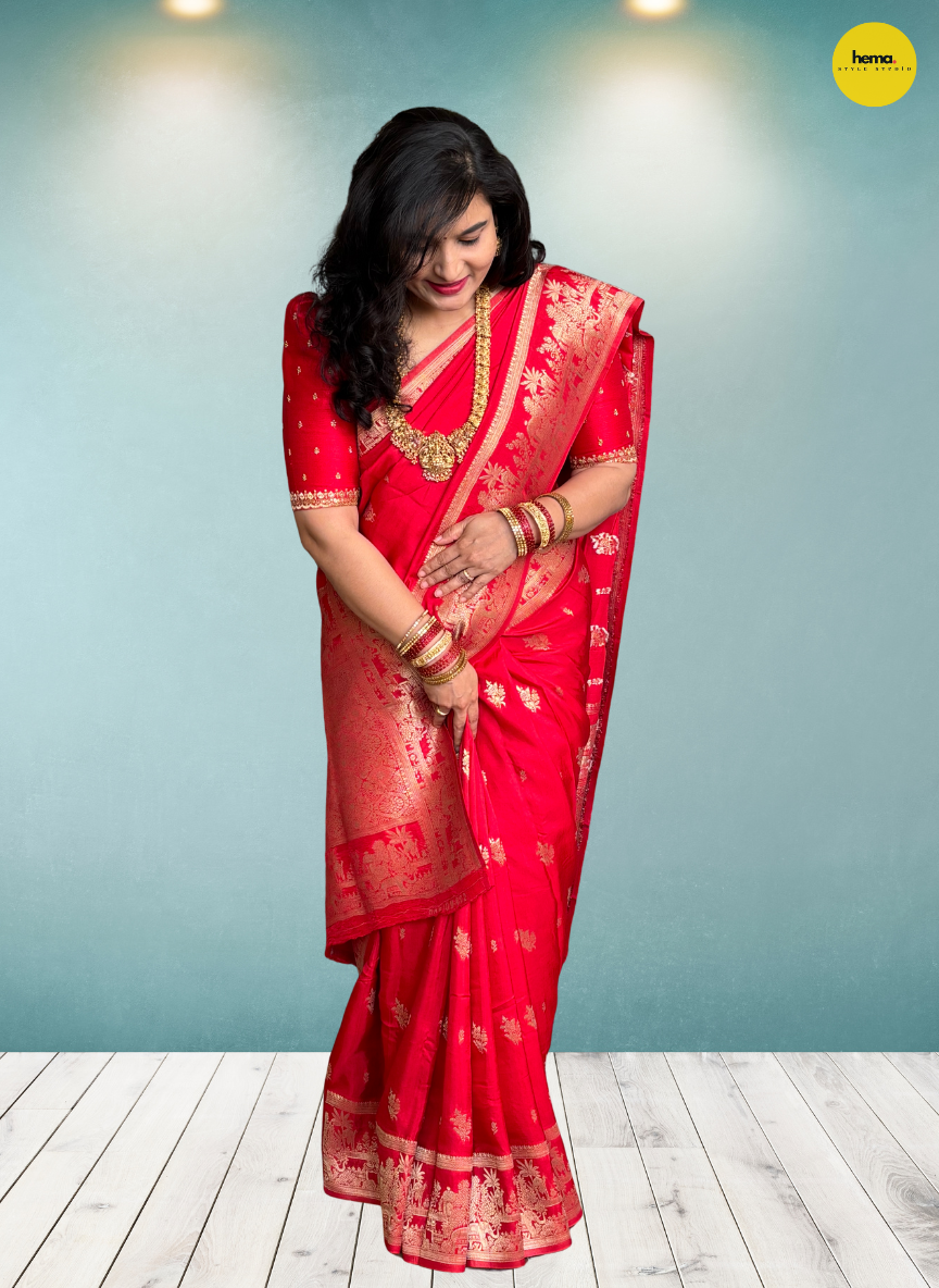 Banarasi Viscose Saree (Floral Motifs, Elephant Border)