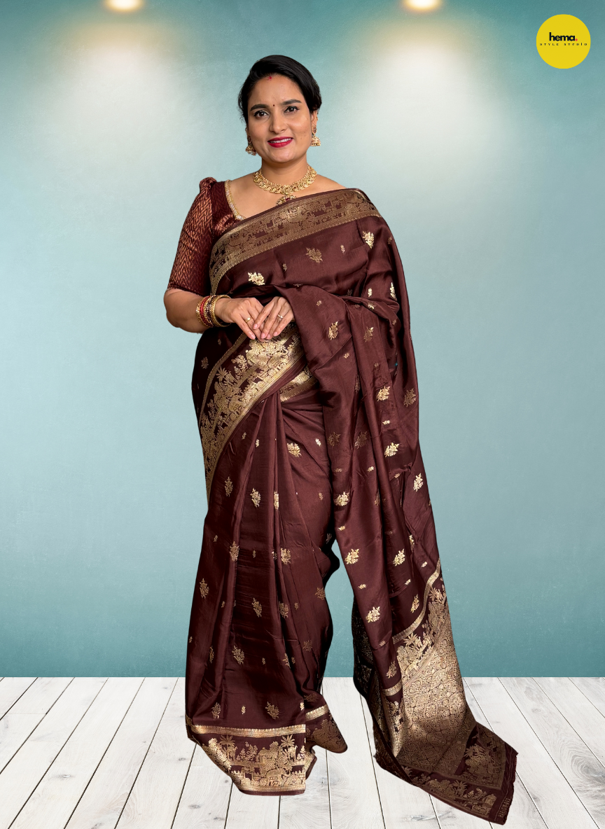 Banarasi Viscose Saree (Floral Motifs, Elephant Border)