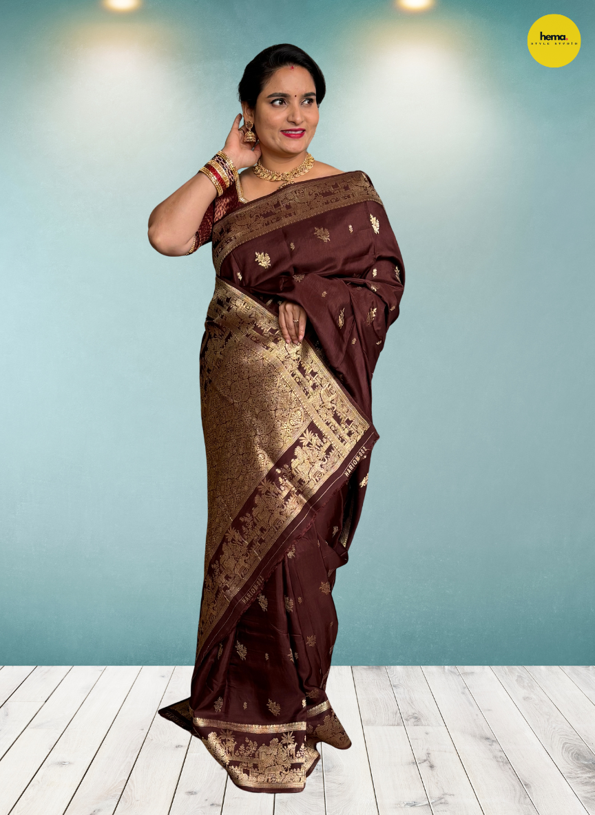 Banarasi Viscose Saree (Floral Motifs, Elephant Border)