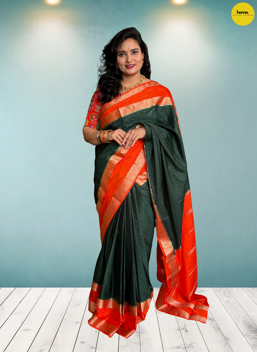 Semi Mysore Crepe (Checks, Mango and Mayuri Bentex Border)