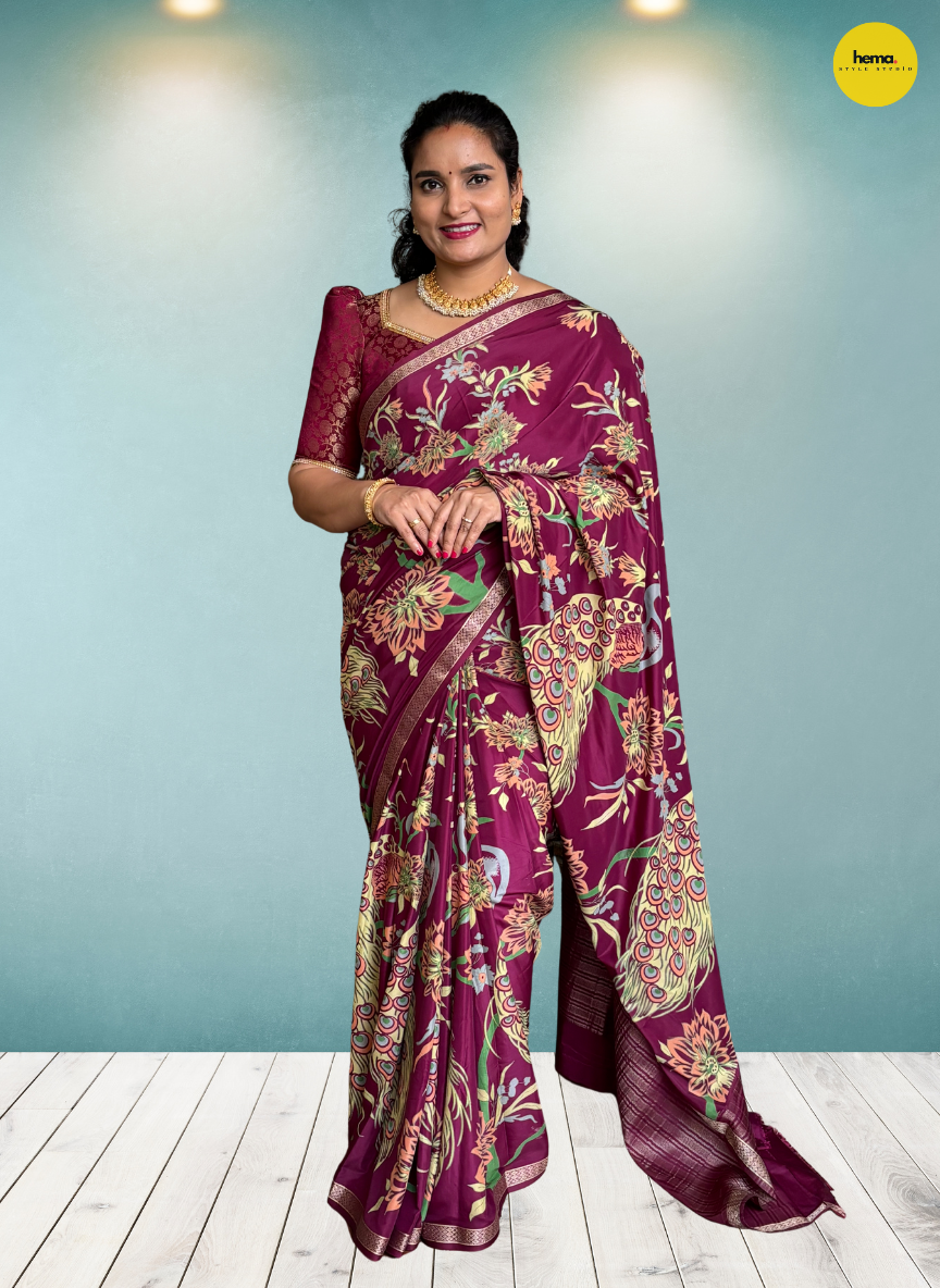 Semi Mysore Crepe (Small Border Kalamkari Print)