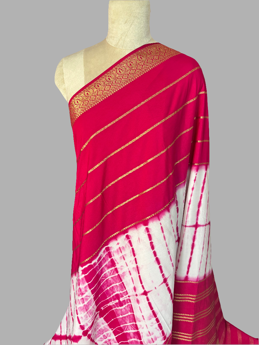 Semi Mysore Crepe (Shibori Dyed 2D, Golden Zari Horizontal Lines)